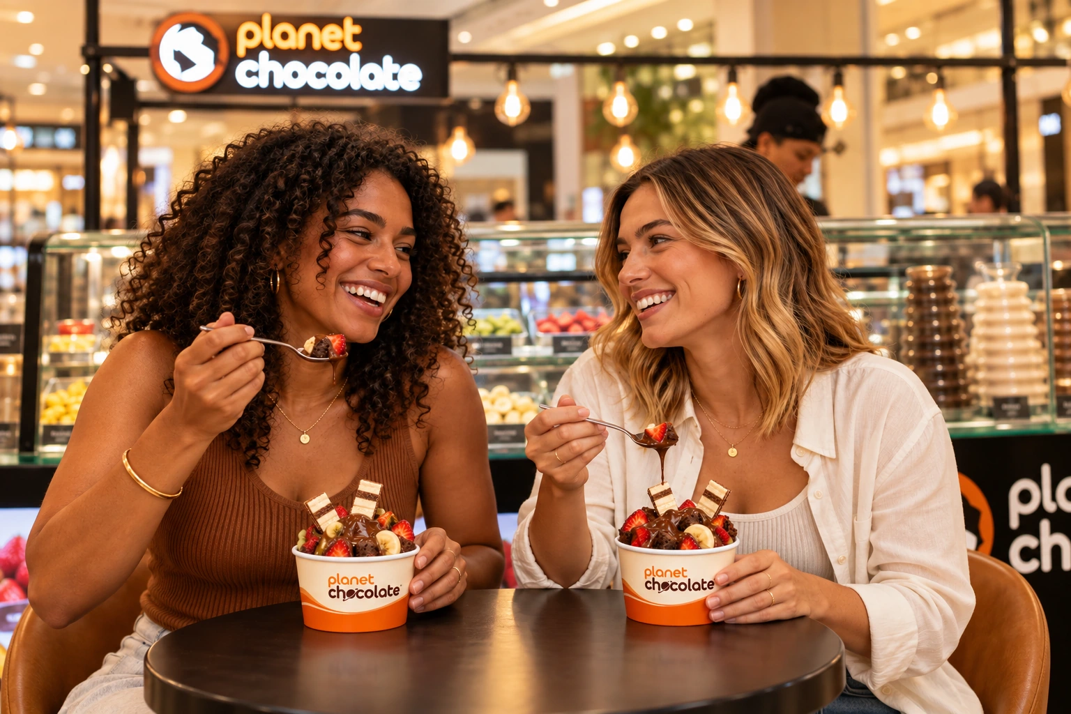 Duas amigas compartilhando fondue em uma composição ambientada no quiosque Planet Chocolate.