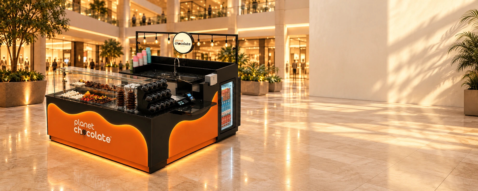 Quiosque Planet Chocolate, com balcão laranja iluminado e cascatas de chocolate.